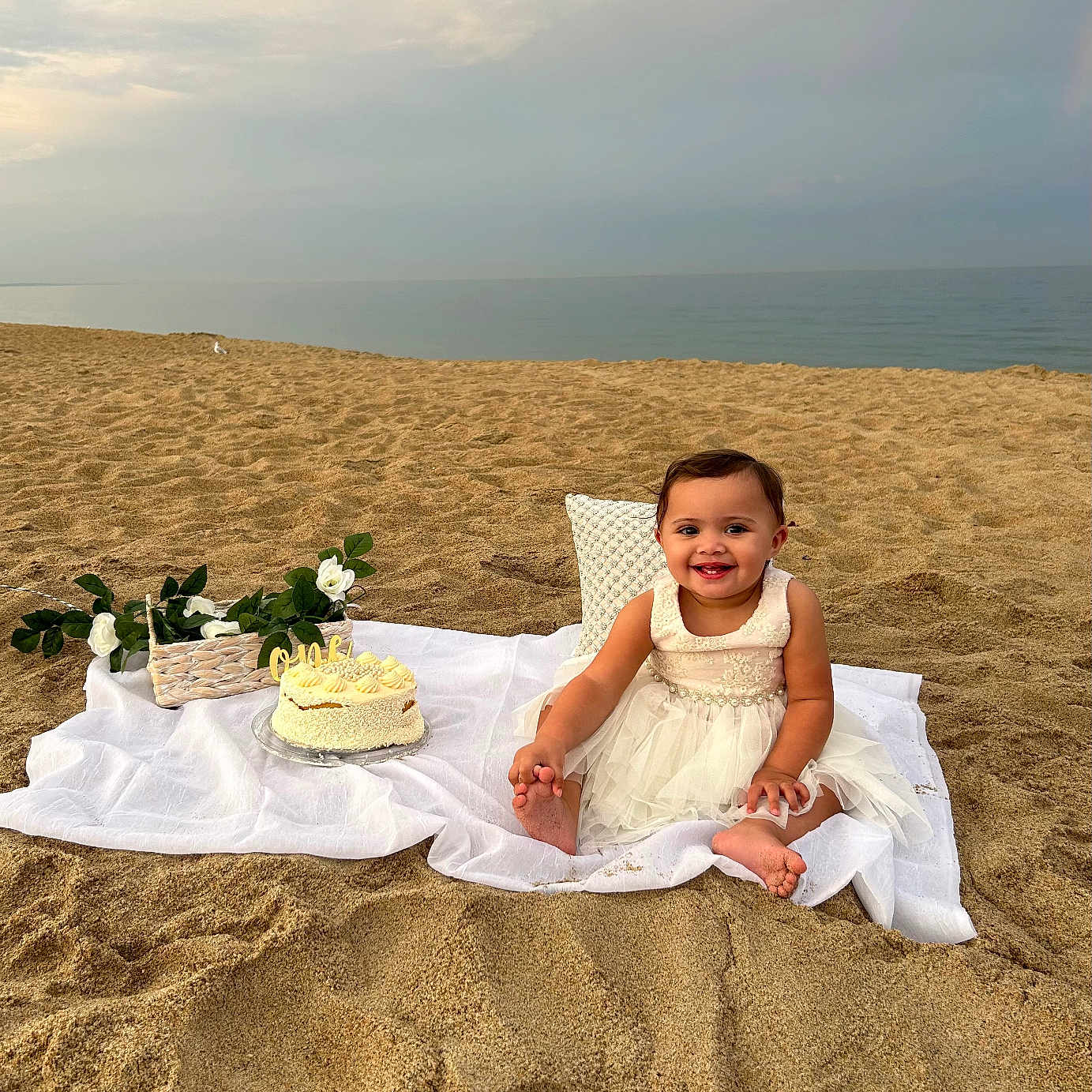 Scarlett joined the competition — help win amazing prizes! beach, birthdaycake, cake, clothing, coast, cream, dessert, face, food, head, nature, outdoors, people, person, photography, portrait, sea, shoreline, sitting, water