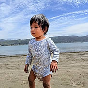 Ayssel is registered to the contest to win money with this photo: barefoot, beach, child, clouds, daytime, hands, hills, legs, nature, onesie, outdoor, person, portrait, sand, serious, shore, sky, toddler, vacation, water