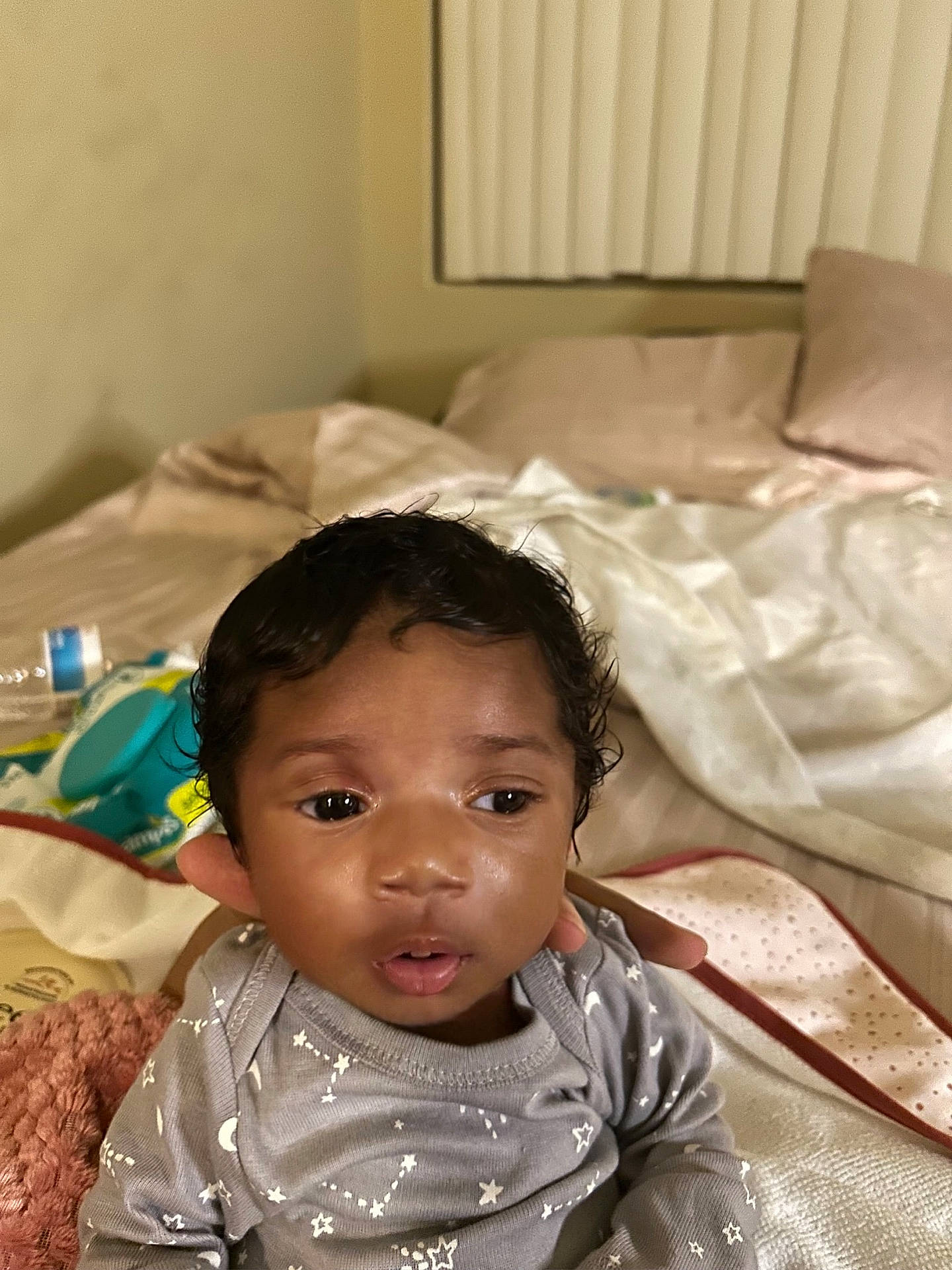 baby, bed, bedroom, blackhair, blanket, couch, cushion, face, furniture, hair, happy, head, homedecor, indoors, people, person, photography, portrait, room, smile