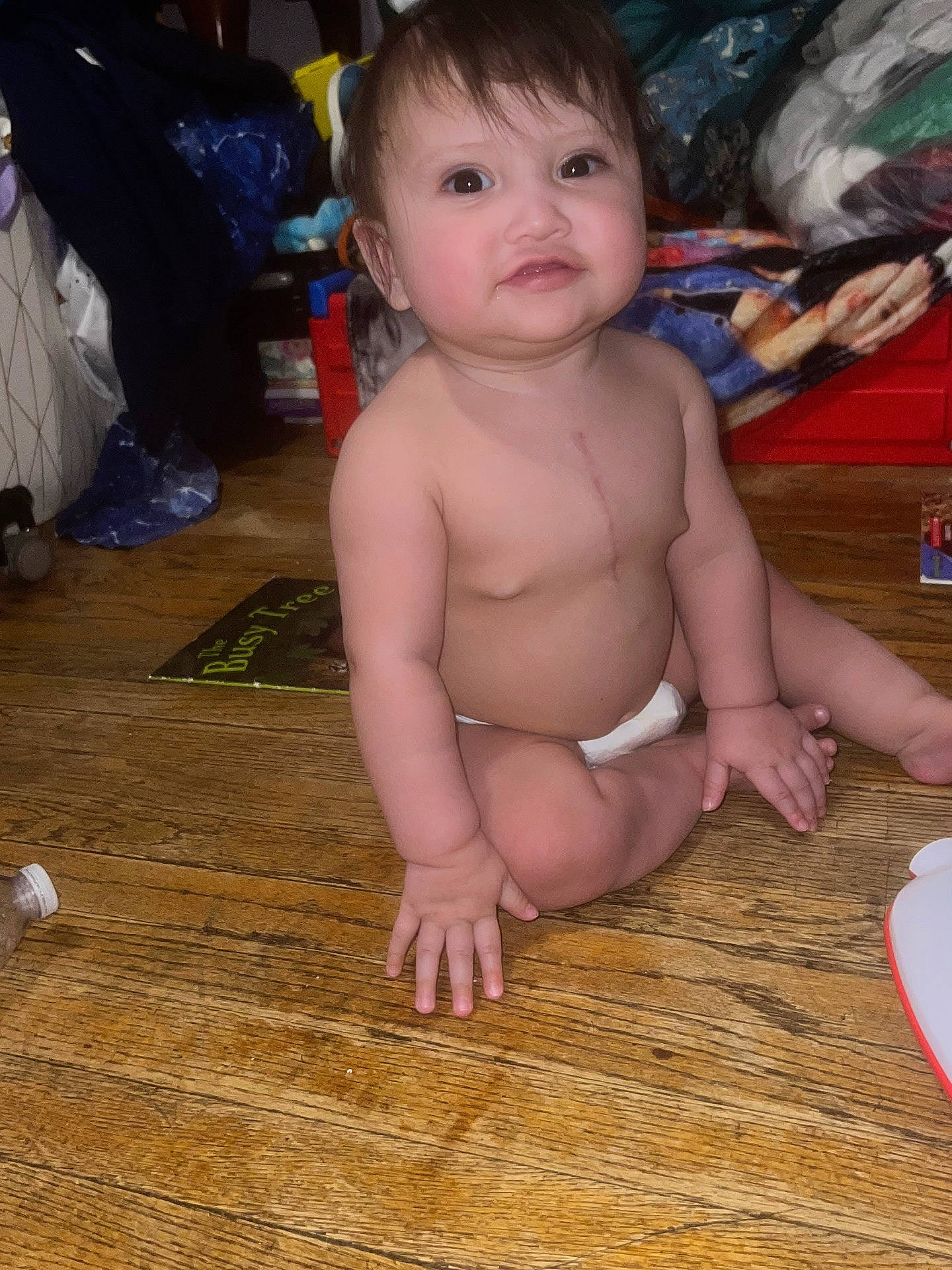 Lariah joined the competition — help win amazing prizes! adult, baby, bodypart, clothing, crawling, diaper, face, female, finger, hand, hardwood, head, indoors, person, photography, plywood, portrait, sitting, woman, wood