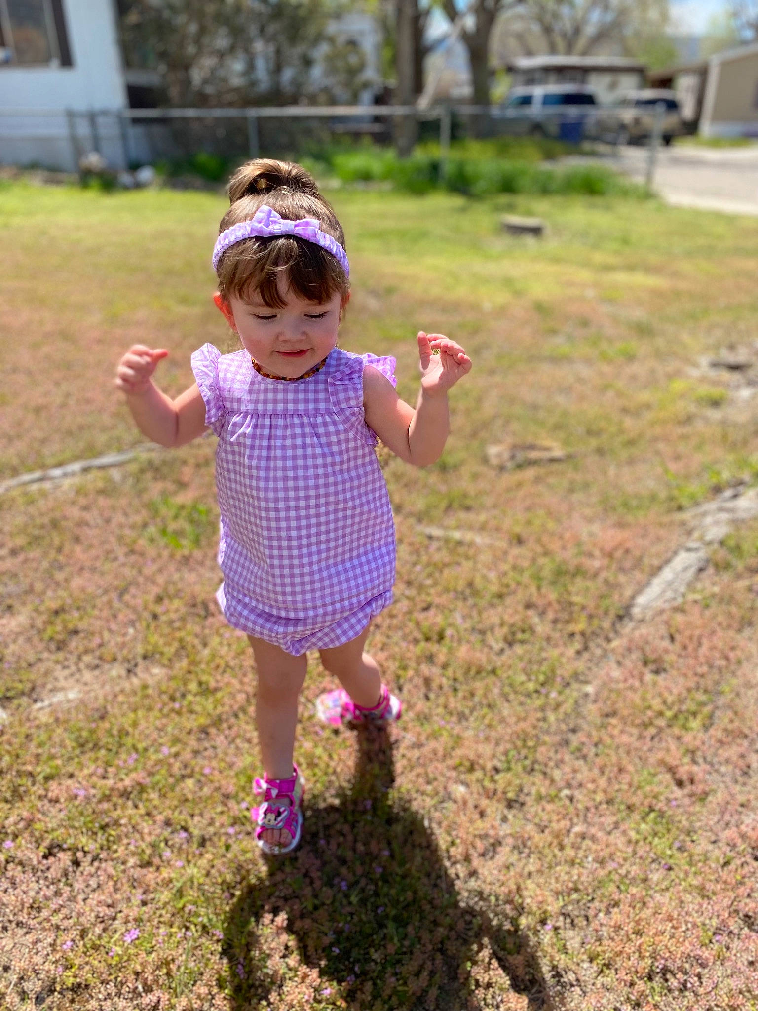 Sophie joined the competition — help win amazing prizes! baby_toddler_clothing, child, footwear, fun, grass, grass_family, grassland, happy, hat, landscape, lawn, leisure, magenta, people_in_nature, person, pink, plant, recreation, standing, toddler
