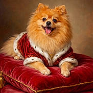 Mario is registered to the contest to win money with this photo: dog, pomeranian, pet, animal, fur, portrait, royal, costume, red_robe, velvet_cushion, luxury, smiling, cute, fluffy, indoor, tassels, gold_trim, resting, happy, studio