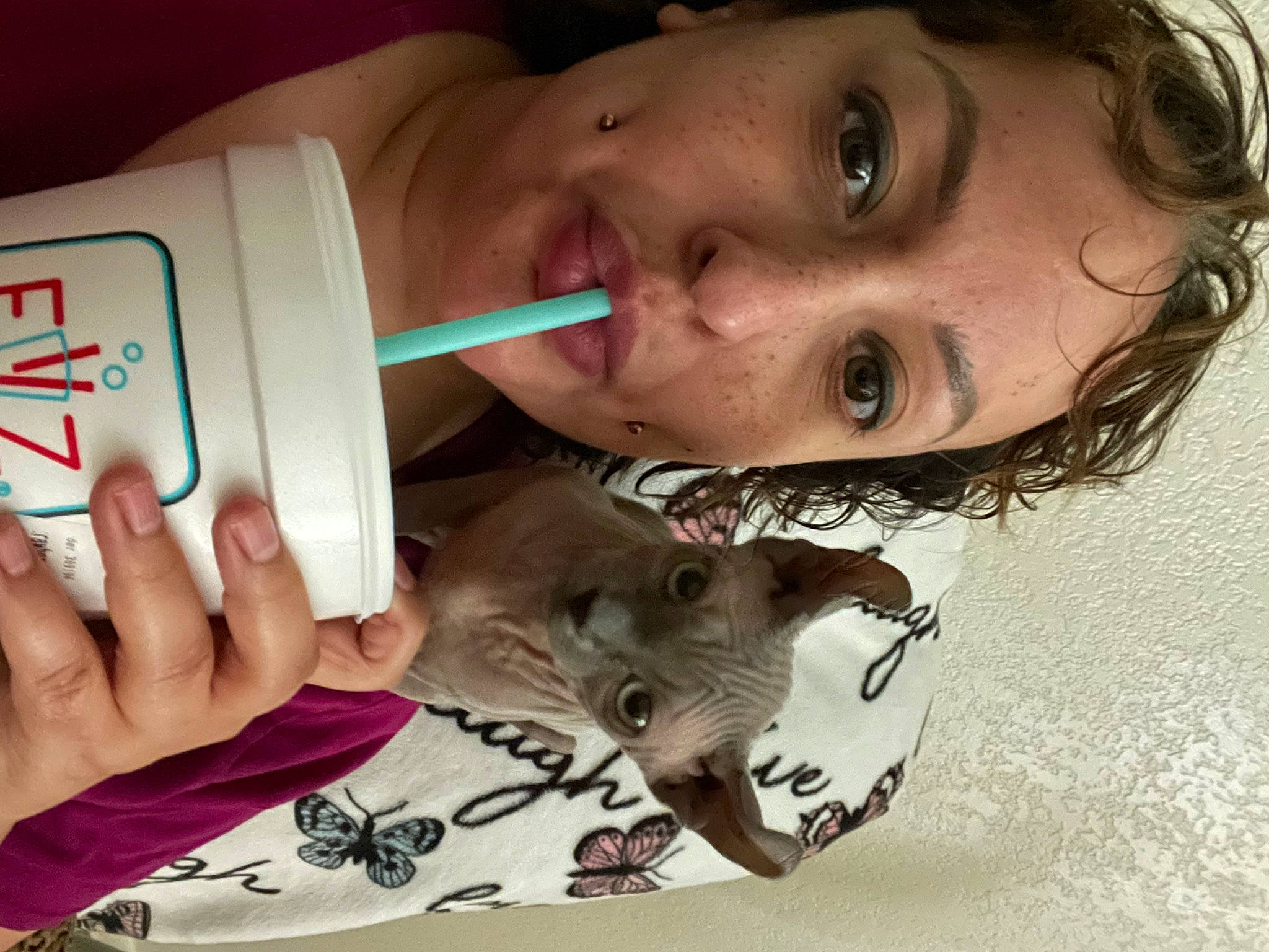 Katniss joined the competition — help win amazing prizes! cheek, cool, drinkware, ear, eye, eyebrow, eyelash, face, fawn, finger, gesture, hand, happy, jaw, lip, mouth, neck, nose, organ, skin