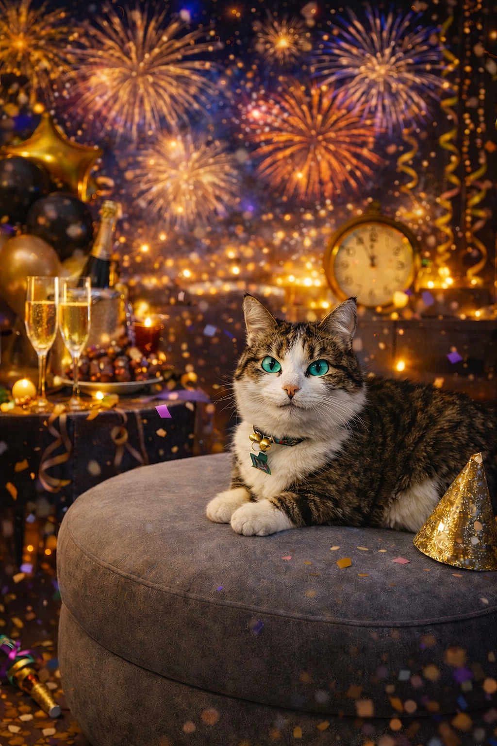 Keke is registered to the contest to win money with this photo: cat, tabby, green_eyes, party_hat, confetti, champagne_glasses, fireworks, balloons, clock, celebration, new_year, festive, lights, party, indoor, furniture, ottoman, golden, decorations, relaxed