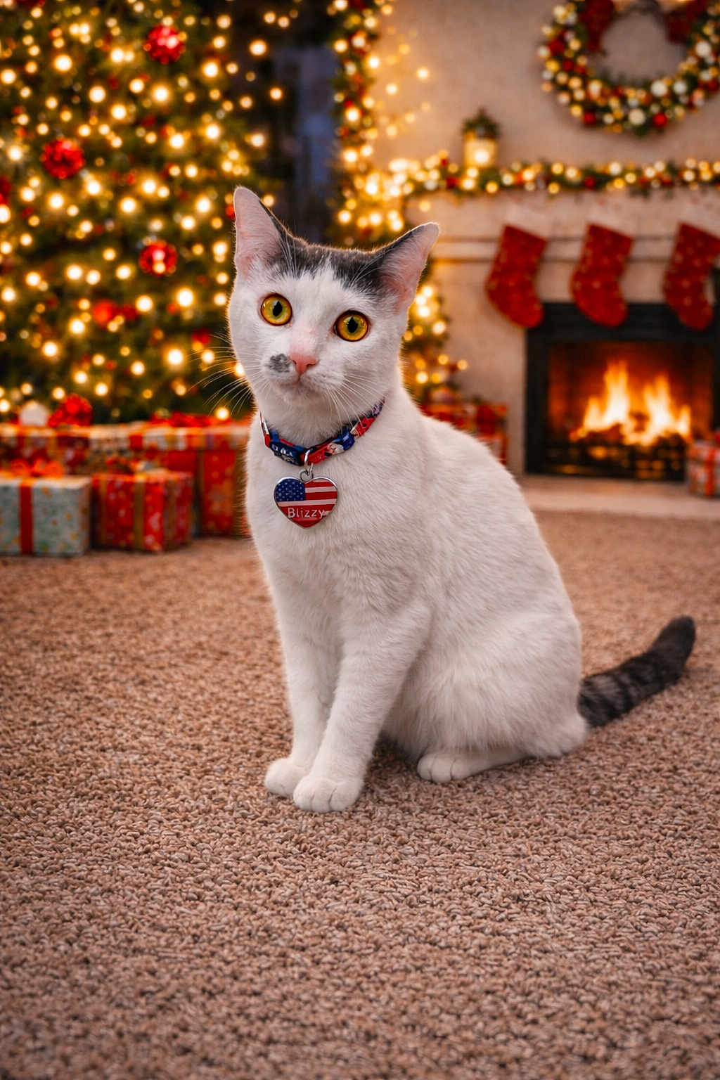 Blizzy joined the competition — help win amazing prizes! animal, black_markings, carpet, cat, christmas_lights, christmas_tree, collar, cozy, festive, fireplace, heart_shaped_tag, holiday_decor, indoor, pet, portrait, stockings, warm_lighting, white_cat, wrapped_presents, yellow_eyes