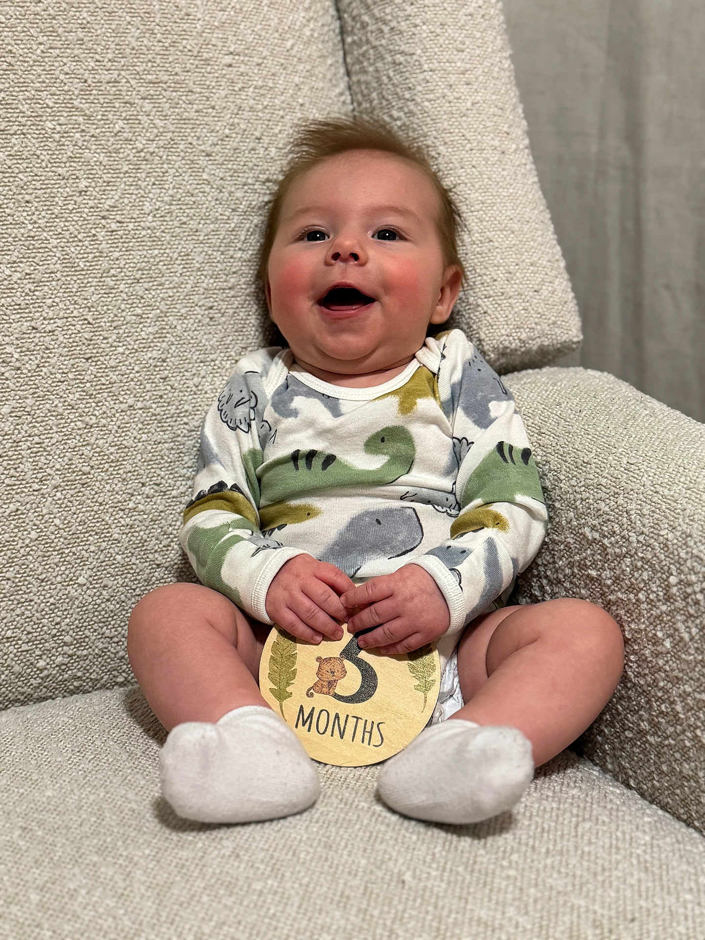 Archer is registered to the contest to win money with this photo: baby, child, infant, sitting, smiling, onesie, dinosaur_pattern, milestone_card, white_socks, armchair, beige, texture, hands, face, happy, cute, indoor, portrait, young, cozy