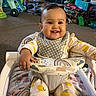 Kamryn is registered to the contest to win money with this photo: baby, smiling, infant, baby_seat, bib, pajamas, lemon_pattern, toy, playroom, carpet, television, furniture, child, indoors, colorful, happy, person, sitting, cute, home