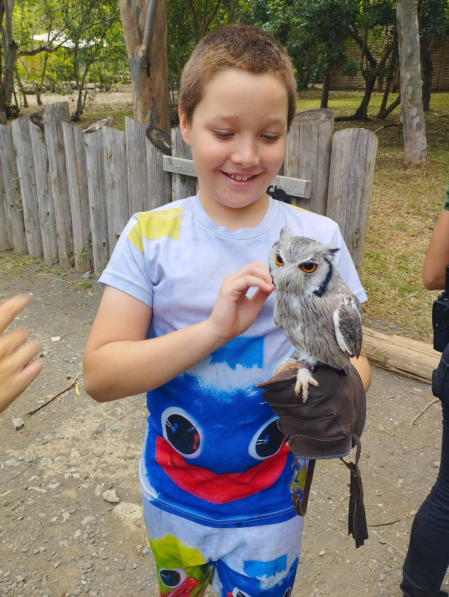 Ethan participe au concours pour gagner de l'argent avec cette photo : beak, bird, bird_of_prey, child, electric_blue, fun, fur, grass, happy, joy, leisure, person, plant, recreation, smile, t_shirt, toddler, toy, tree, vacation