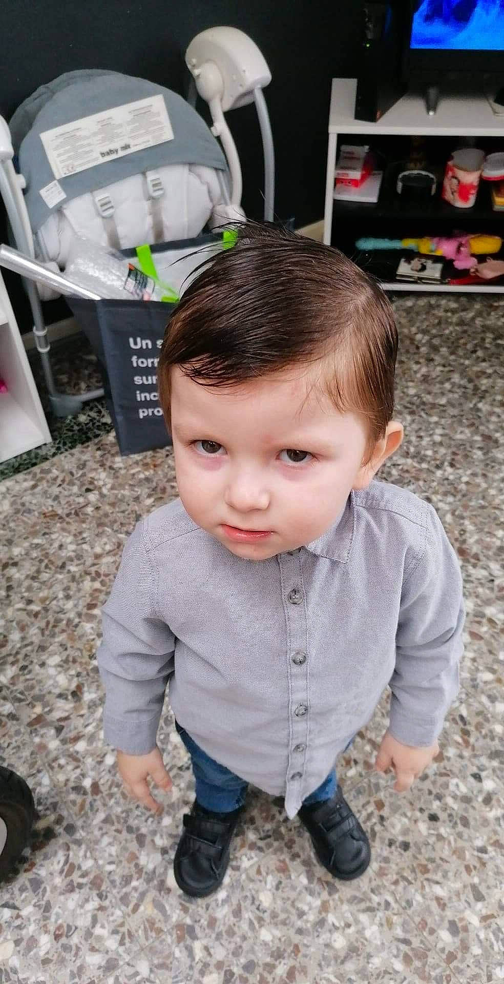 Sasha participe au concours pour gagner de l'argent avec cette photo : baby, baby_toddler_clothing, cheek, child, clothing, eye, flooring, fun, gas, grass, hairstyle, nose, person, sitting, skin, sleeve, soil, toddler, vacation, winter