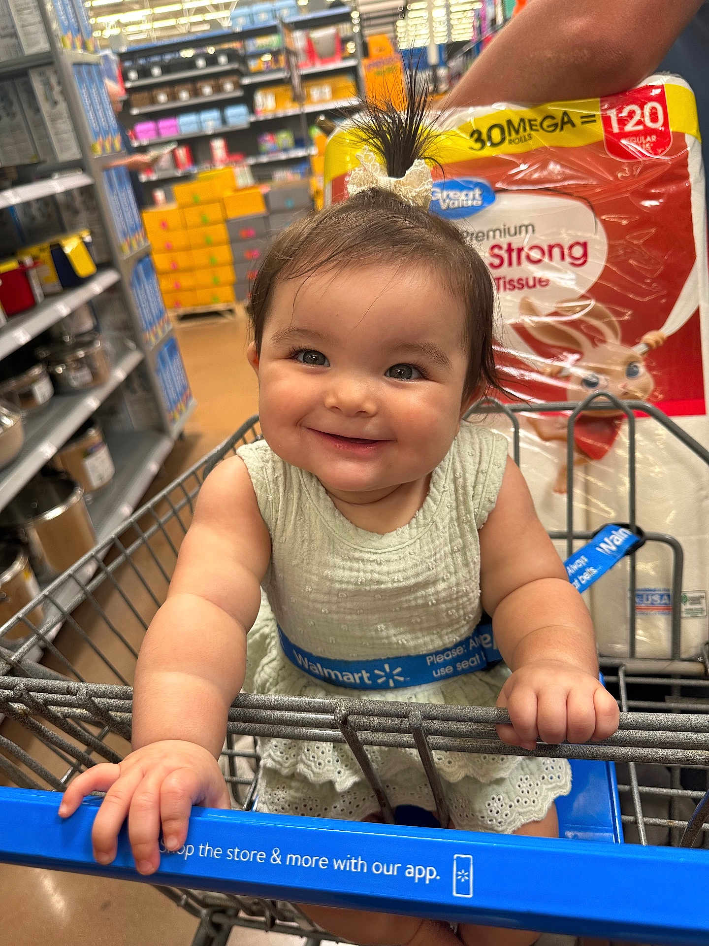 Wrenlee is registered to the contest to win money with this photo: baby, child, shopping_cart, store, grocery, smiling, face, hair, clothing, hand, shelf, product, tissue, package, blue, white, retail, infant, cute, person