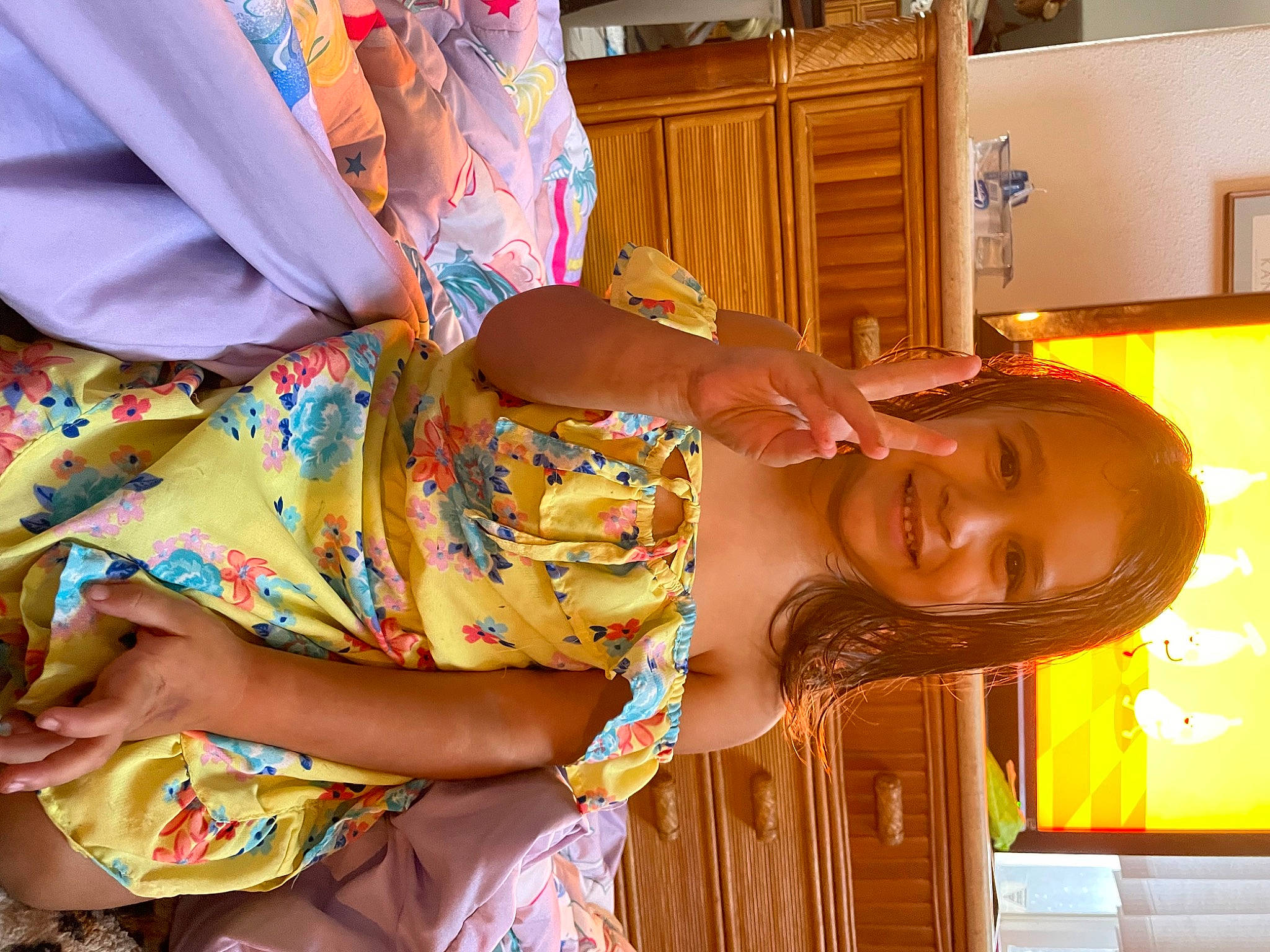 Skye joined the competition — help win amazing prizes! cabinetry, child, cupboard, dress, fashion_design, fun, hand, happy, home_appliance, human_leg, joy, kitchen, kitchen_appliance, orange, pattern, person, refrigerator, room, smile, thigh