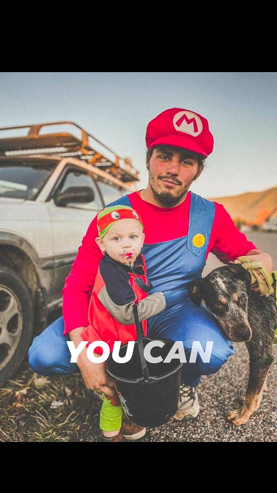 Castiel joined the competition — help win amazing prizes! baseball_cap, bumper, cap, car, cool, fender, flash_photography, glove, happy, headgear, headwear, landscape, leisure, motor_vehicle, person, personal_protective_equipment, recreation, sneakers, t_shirt, tire