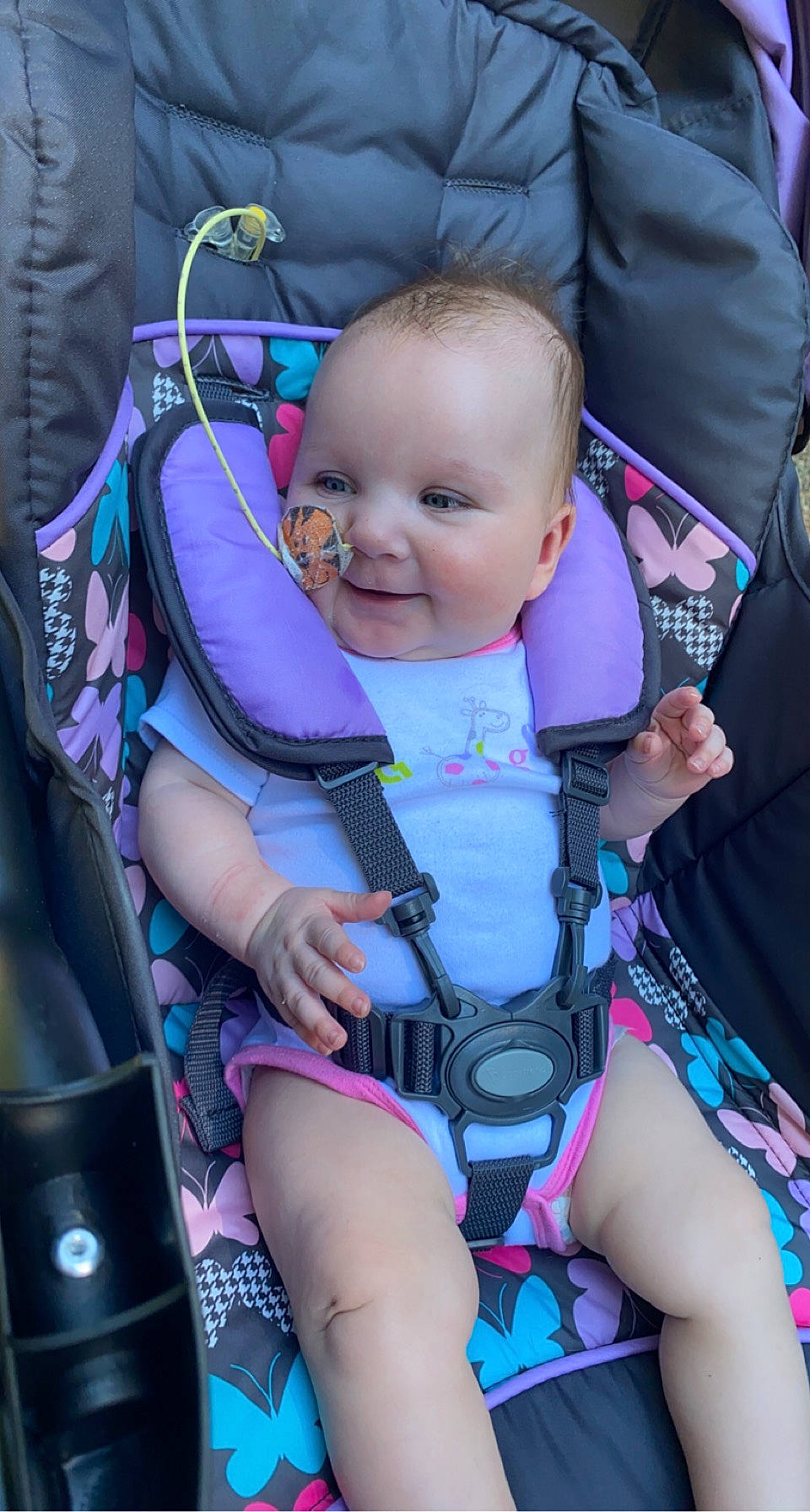 Ava joined the competition — help win amazing prizes! auto_part, baby, baby_carriage, baby_products, baby_toddler_clothing, car_seat, child, comfort, electric_blue, face, fun, joy, lap, person, pink, purple, seat_belt, sitting, skin, smile