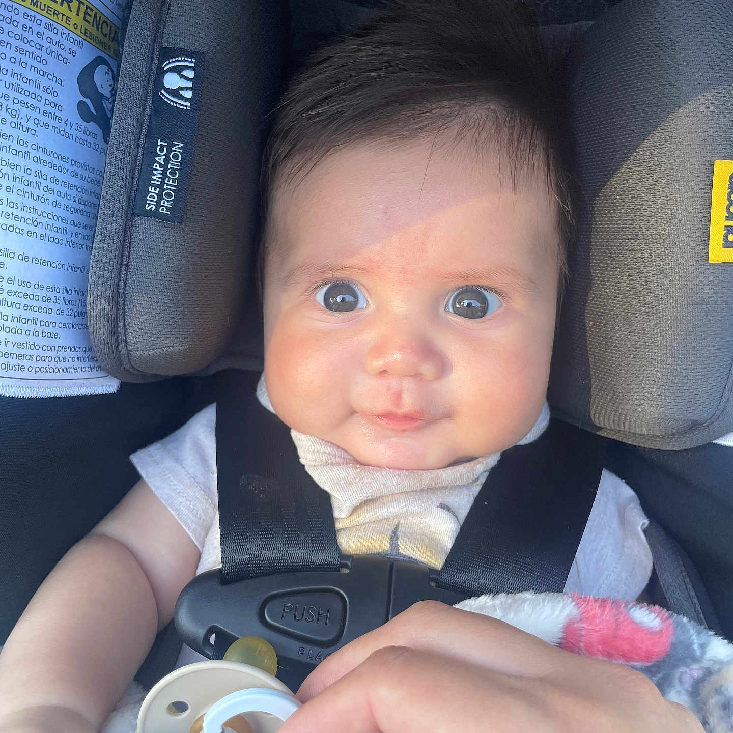Liam is registered to the contest to win money with this photo: baby, blanket, car_seat, child, clothing, cute, expression, eyes, face, hand, head_support, indoor, infant, newborn, pacifier, person, safety, seat_belt, skin, straps