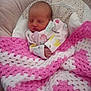 newborn, baby, sleeping, blanket, crocheted_blanket, pink, white, onesie, infant, cushion, baby_seat, peaceful, cozy, soft, handmade, child, portrait, indoors, cute, resting