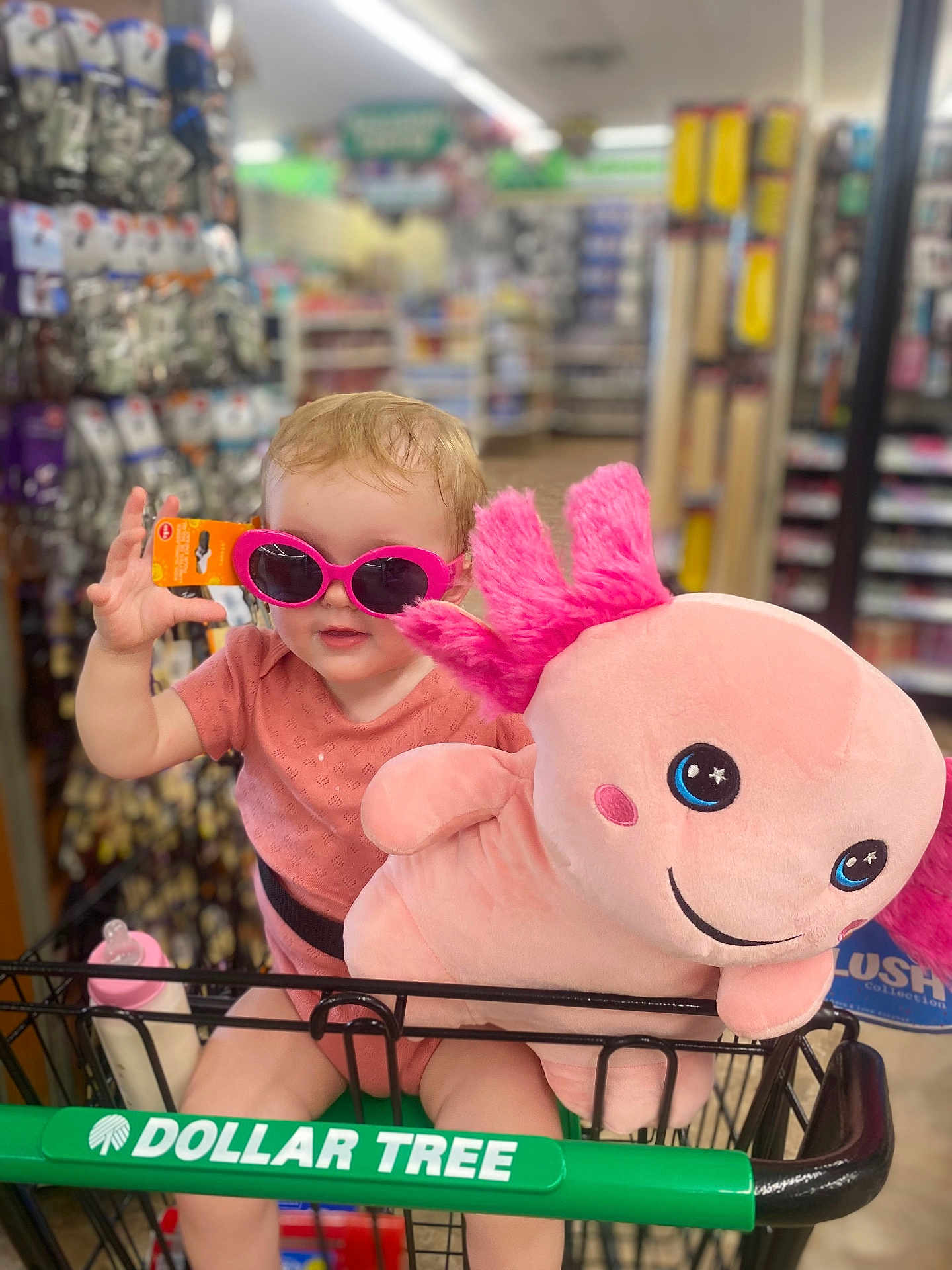 Violet joined the competition — help win amazing prizes! toddler, child, shopping_cart, plush_toy, pink_sunglasses, baby_bottle, store_aisle, dollar_tree, shopping, retail, cute, child_in_cart, pink_clothing, indoor, toy, person, face, smiling, holding, funny
