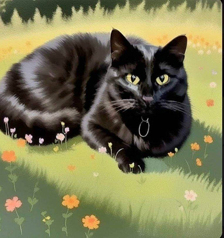 Spooky is registered to the contest to win money with this photo: art, black_cat, carnivore, cat, coquelicot, domestic_short_haired_cat, felidae, fur, grass, pattern, paw, photo_caption, plant, rectangle, small_to_medium_sized_cats, snout, tail, whiskers, window