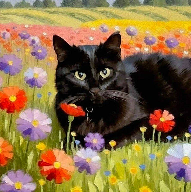 Spooky is registered to the contest to win money with this photo: annual_plant, art, carnivore, cat, felidae, flower, flowering_plant, grass, grassland, groundcover, iris, landscape, meadow, painting, petal, plant, small_to_medium_sized_cats, spring, whiskers, wildflower