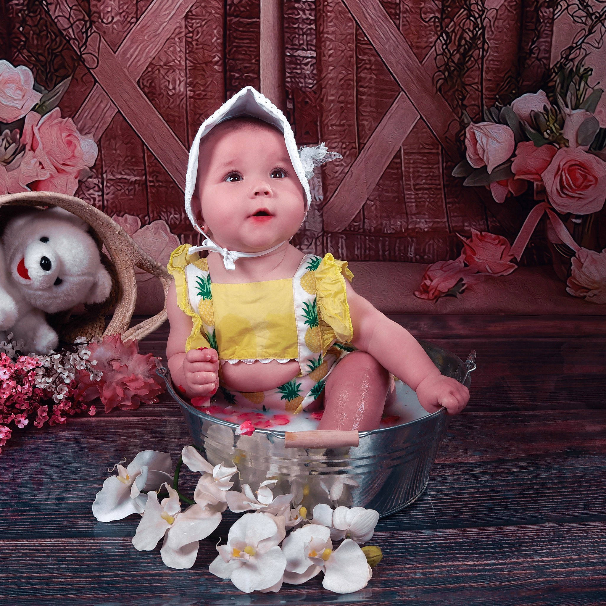 Mayssane participe au concours pour gagner de l'argent avec cette photo : baby, baby_products, baby_toddler_clothing, baby_toys, cheek, child, doll, fashion_accessory, happy, magenta, mammal, person, petal, pink, plant, rose_order, sitting, toddler, toy, white