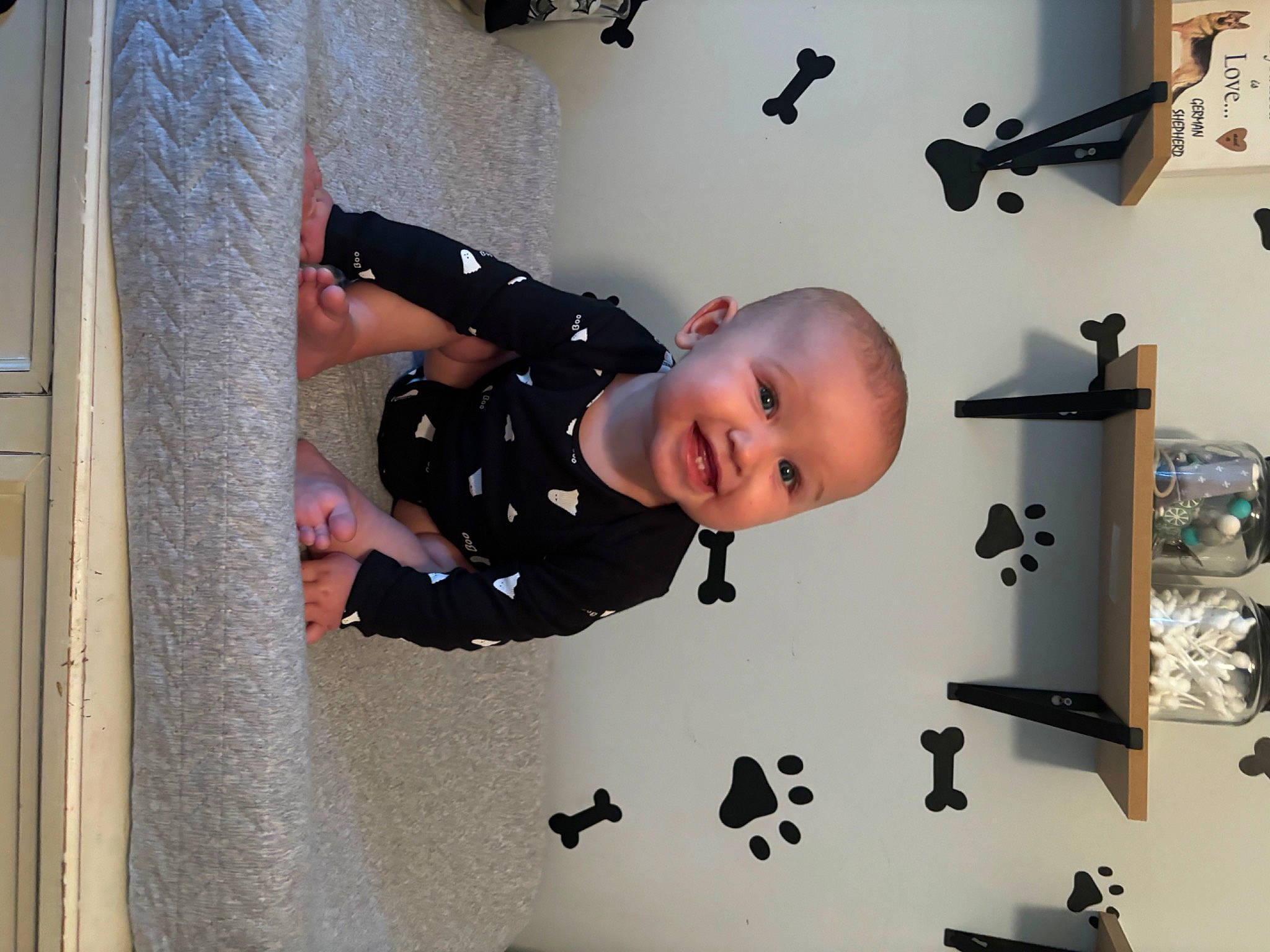 Jensen joined the competition — help win amazing prizes! art, baby, baby_toddler_clothing, ceiling, child, fun, happy, pattern, person, room, sleeve, smile, t_shirt, toddler, visual_arts, wall_sticker, white, wood