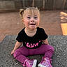 Jean Grey is registered to the contest to win money with this photo: black_shirt, blonde_hair, casual_clothing, child, concrete, cute, daylight, fun, happy, outdoor, person, pigtails, pink_sneakers, playful, portrait, purple_pants, sitting, smiling, toddler, young_child