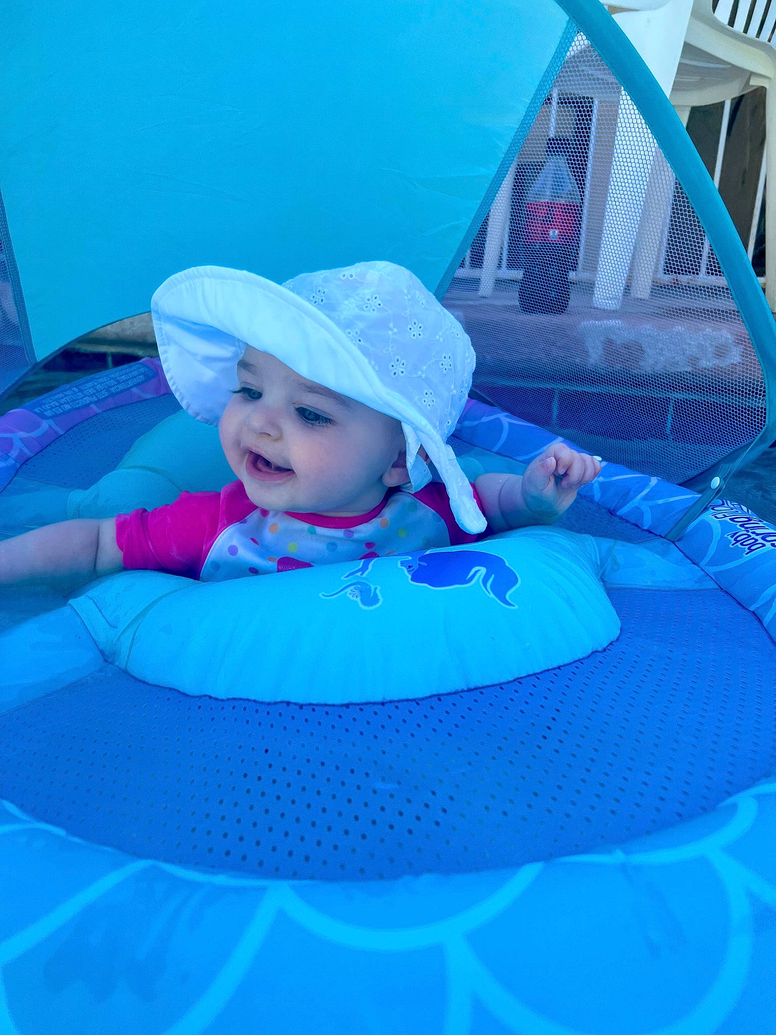 Ellie joined the competition — help win amazing prizes! aqua, azure, baby, baby_toddler_clothing, blue, cap, electric_blue, fun, hat, headwear, leisure, magenta, mammal, person, pink, purple, recreation, smile, sun_hat, toddler