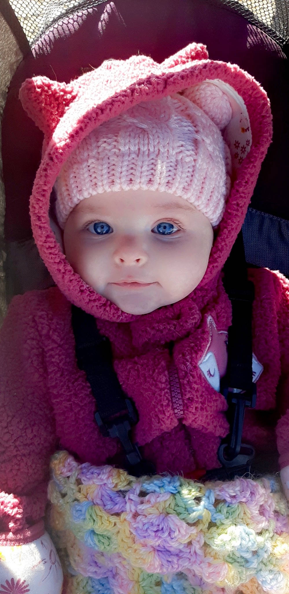 Ellie joined the competition — help win amazing prizes! blue, cap, cheek, clothing, eye, eyebrow, face, head, headgear, headwear, lip, organ, outerwear, person, photograph, pink, product, purple, skin, sleeve