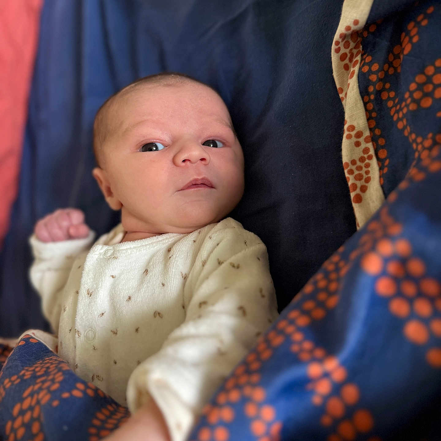 Mahiné a rejoint le concours — aidez-le/la à gagner de superbes lots ! baby, blanket, blue, clothing, cozy, curious, expression, face, hand, indoor, infant, lying_down, newborn, onesie, orange, pattern, portrait, skin, soft_focus, young_child