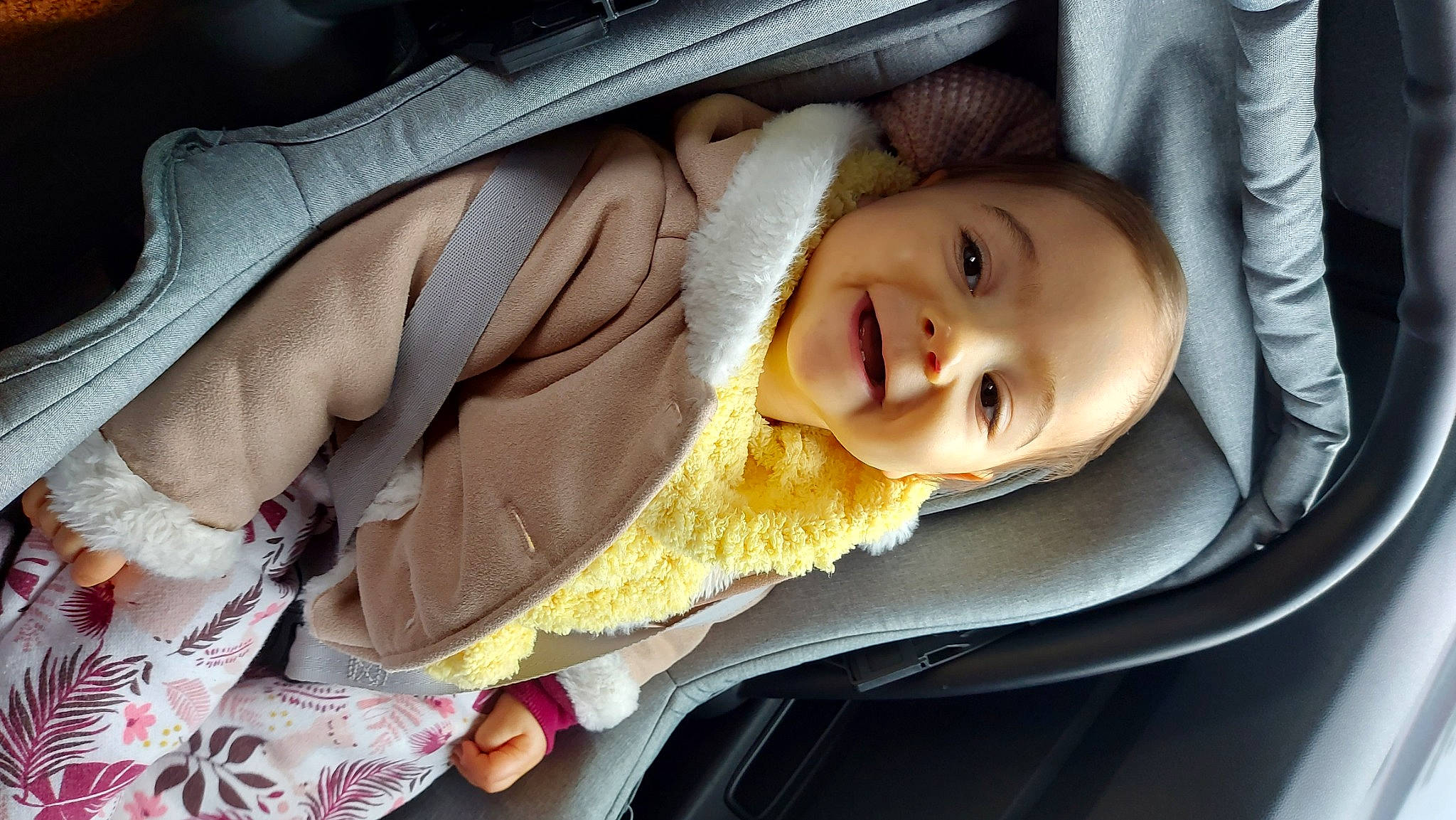 Annaëlle participe au concours pour gagner de l'argent avec cette photo : auto_part, baby, baby_carriage, baby_products, car_seat, cheek, child, comfort, facial_expression, finger, mouth, nose, outerwear, person, plant, skin, smile, toddler, tree, vehicle_door