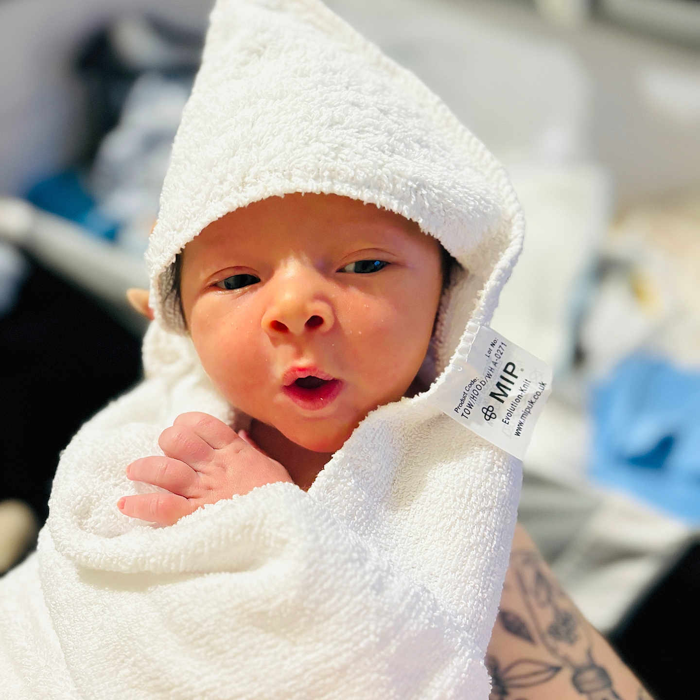 Loic joined the competition — help win amazing prizes! animal, baby, bird, bodypart, bonnet, cap, clothing, face, finger, hand, hat, head, newborn, penguin, person, photography, portrait, skin, tattoo, towel