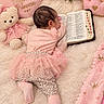 baby, newborn, child, sleeping, pink_clothing, dress, tutu, leopard_print, socks, teddy_bear, bible, book, floral_arrangement, pink_decor, crown, heart_pillow, faux_fur, nursery, portrait, indoor