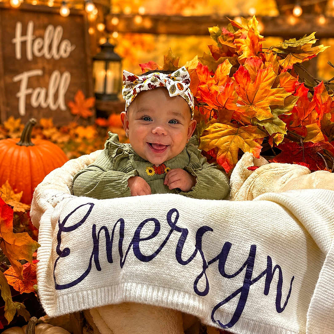 Emersyn joined the competition — help win amazing prizes! baby, child, infant, smiling, portrait, autumn, fall, pumpkin, leaves, blanket, bow_headband, green_outfit, cozy, seasonal, outdoor, string_lights, rustic, wooden_crate, warm_lighting, photography
