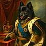 dog, portrait, royalty, crown, fur_cloak, gold_embroidery, regal, black_dog, blue_sash, red_velvet, table, indoor, luxury, historical_style, costume, noble, animal_portrait, medieval, elegant, ceremonial