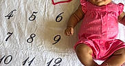 Sarayah joined the competition — help win amazing prizes! baby, infant, child, three_months, smiling, lying_down, pink_outfit, romper, floral_blanket, milestone_photo, portrait, face, hands, feet, toes, indoors, textile, flowers, numbers, happy