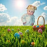 Zhelda joined the competition — help win amazing prizes! baby, bunny_hat, pajamas, face, child, grass, easter_eggs, basket, sky, clouds, sunlight, outdoor, spring, holiday, colorful, greenery, nature, cute, portrait, playful