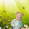 Zhelda is registered to the contest to win money with this photo: baby, child, knitted_hat, dog_hat, onesie, flowers, yellow_flowers, butterflies, green_grass, garden, outdoor, cute, portrait, infant, nature, spring, bright, colorful, young_child, hat