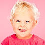 toddler, child, smiling, tongue_out, blue_eyes, blond_hair, pink_background, pink_dress, portrait, cute, happy, baby, face, expression, studio_photo, close_up, innocent, playful, young_child, fashion