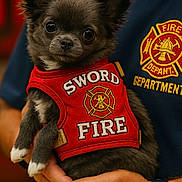 Athena participe au concours pour gagner de l'argent avec cette photo : animal, closeup, clothing, cute, dog, ears, eyes, fire_department, fur, hand, holding, indoor, person, pet, portrait, puppy, red_vest, small_dog, vest, watch