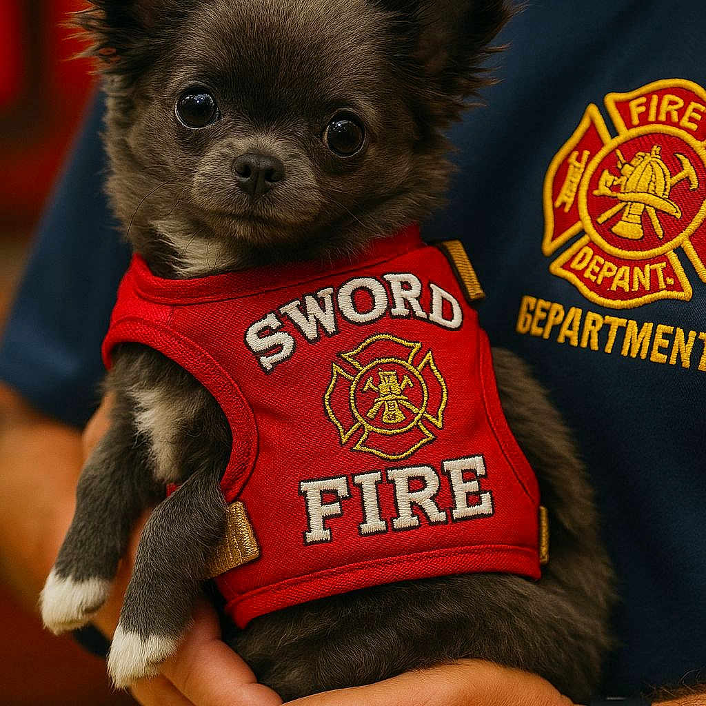 Athena participe au concours pour gagner de l'argent avec cette photo : animal, closeup, clothing, cute, dog, ears, eyes, fire_department, fur, hand, holding, indoor, person, pet, portrait, puppy, red_vest, small_dog, vest, watch