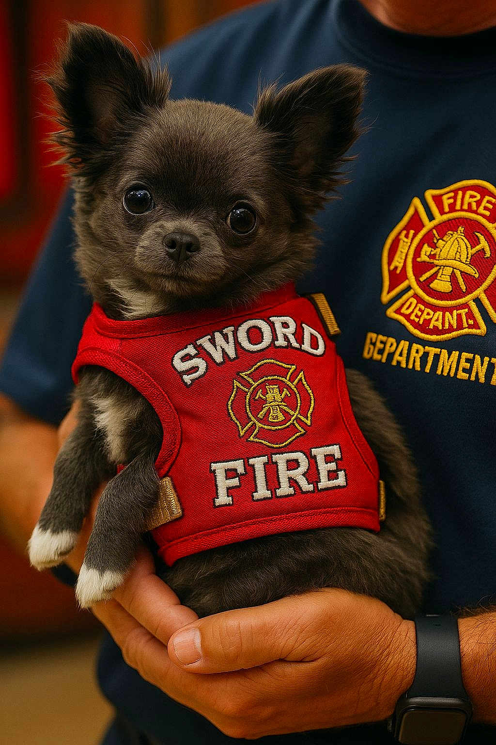 Athena participe au concours pour gagner de l'argent avec cette photo : animal, closeup, clothing, cute, dog, ears, eyes, fire_department, fur, hand, holding, indoor, person, pet, portrait, puppy, red_vest, small_dog, vest, watch