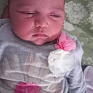Ruby joined the competition — help win amazing prizes! baby, infant, face, clothing, flower, pink, white, gray, blanket, portrait, sleepy, closeup, child, person, cute, soft, fabric, indoors, resting, newborn