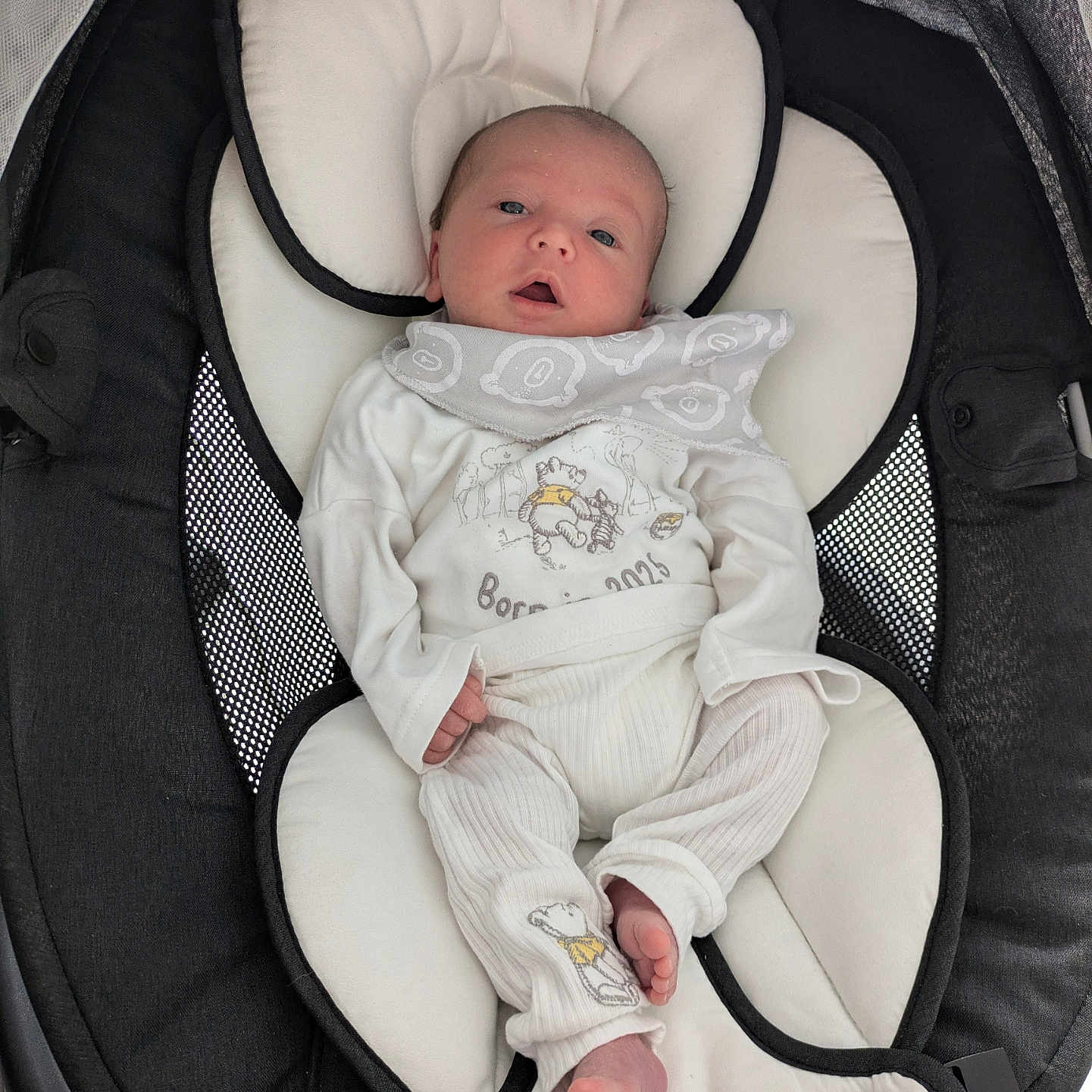 Freddie is registered to the contest to win money with this photo: baby, baby_seat, bear_illustration, black_and_white, child, cozy, curious, cute, face, feet, hands, head_support, indoor, infant, mesh_fabric, newborn, portrait, resting, soft_texture, white_clothing