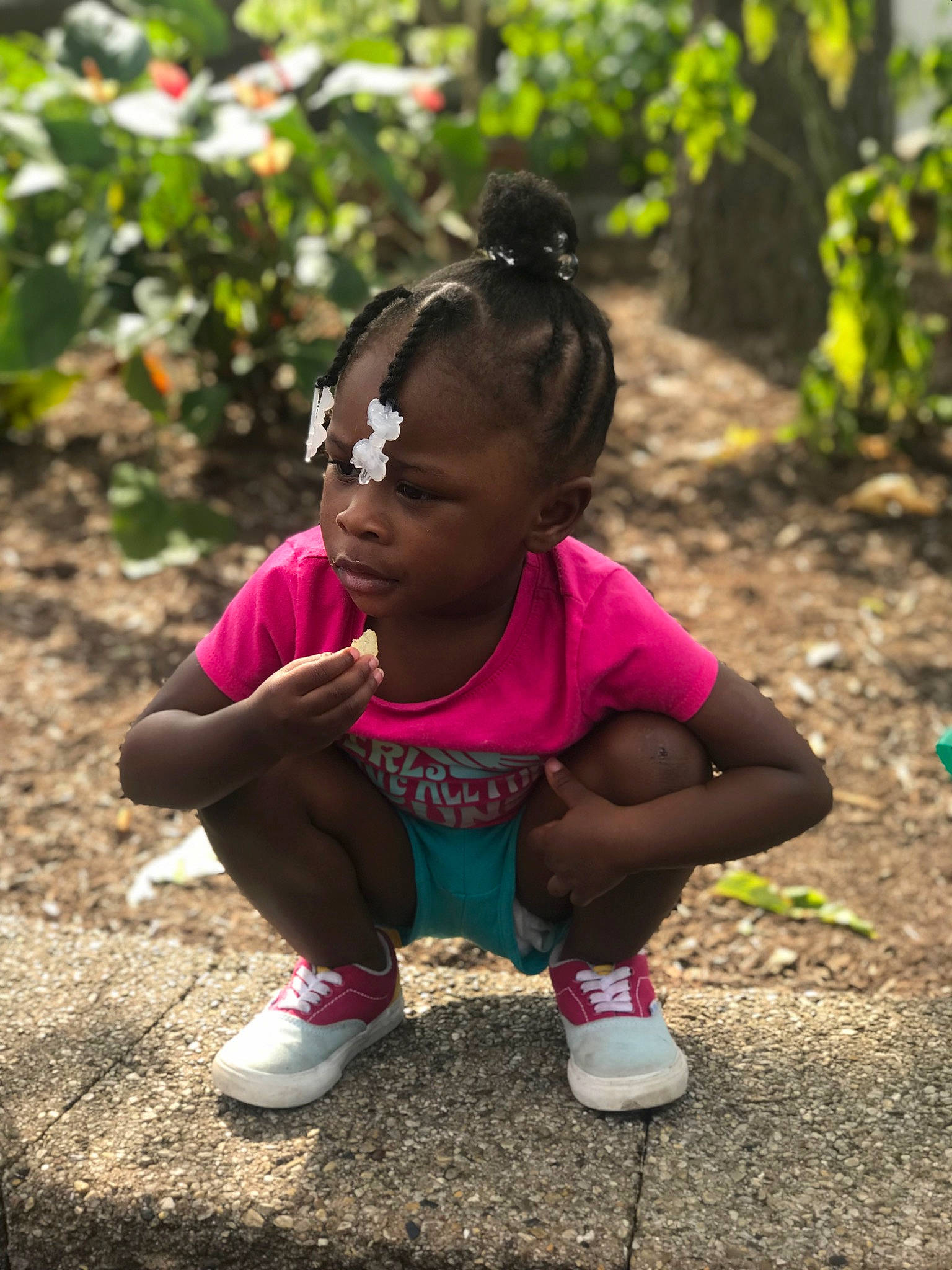Saniah is registered to the contest to win money with this photo: adaptation, baby_toddler_clothing, child, footwear, fun, grass, happy, leisure, magenta, people_in_nature, person, plant, recreation, sandal, sitting, sneakers, soil, t_shirt, toddler, tree