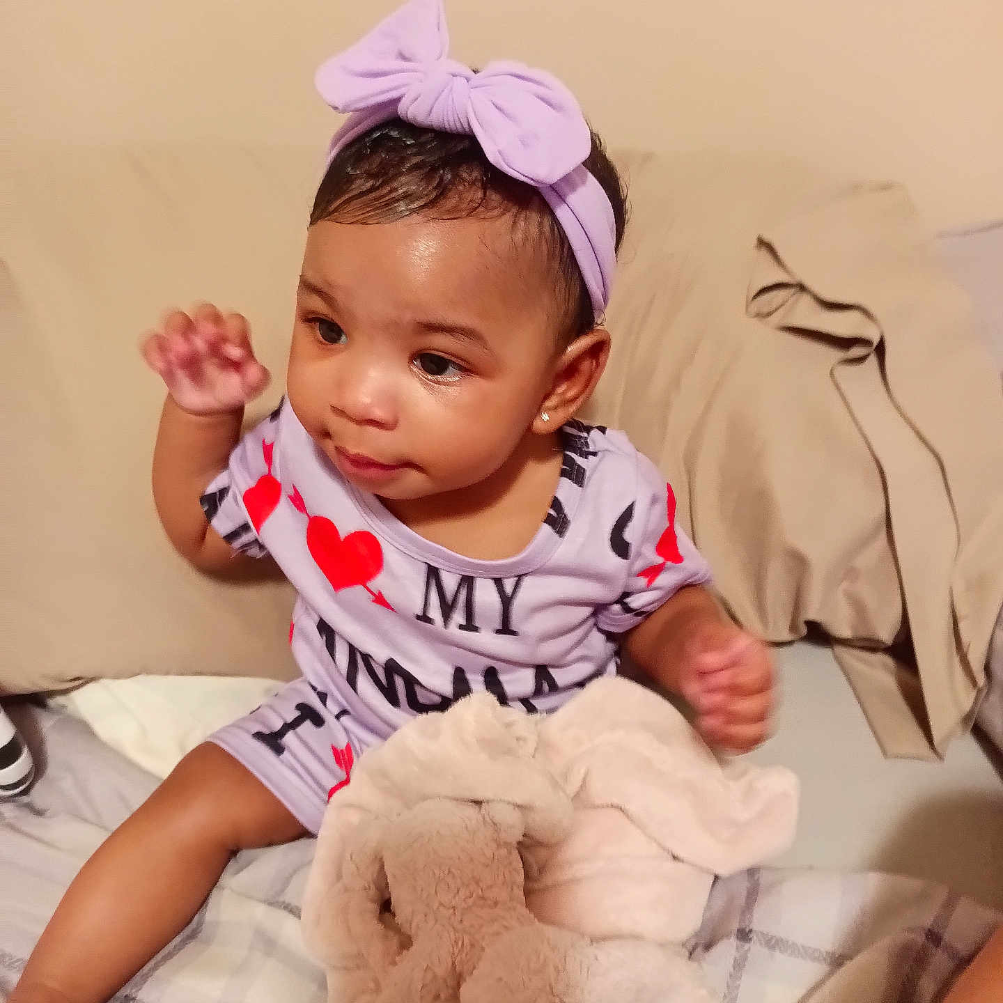 Kenzie joined the competition — help win amazing prizes! accessories, baby, bed, blanket, bodypart, couch, cushion, face, finger, furniture, hand, happy, head, homedecor, person, photography, portrait, sitting, smile, toy