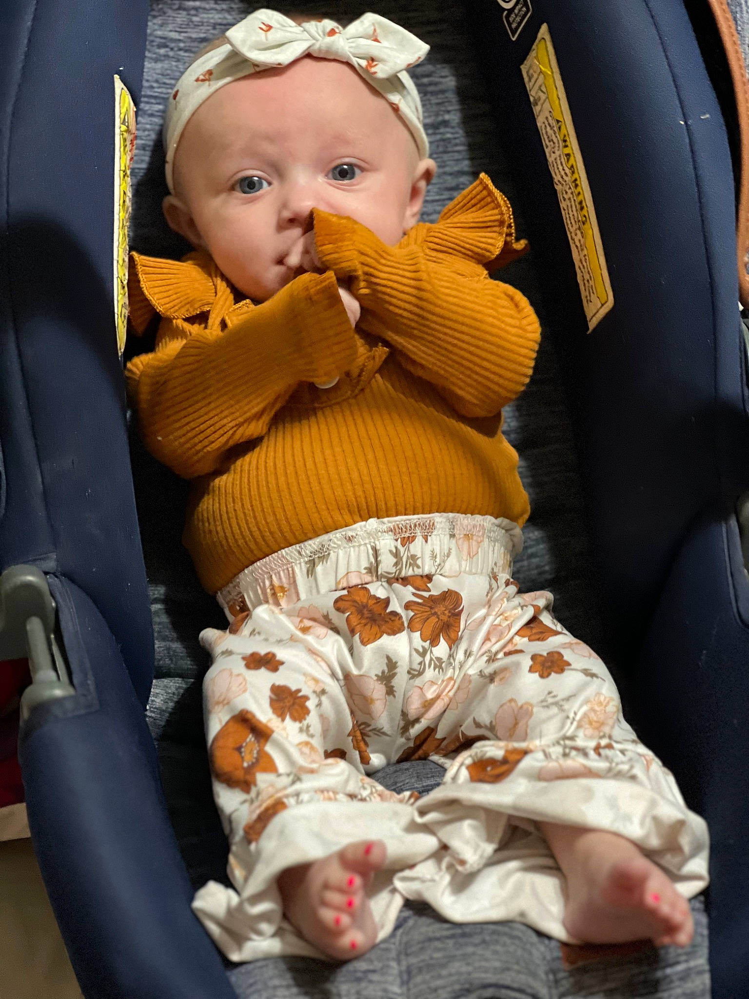 Aubriella is registered to the contest to win money with this photo: auto_part, baby, baby_carriage, baby_in_car_seat, baby_products, baby_safety, baby_sleeping, baby_toddler_clothing, car_seat, car_seat_cover, child, comfort, fun, infant_bed, lap, person, product, seat_belt, sitting, steering_wheel