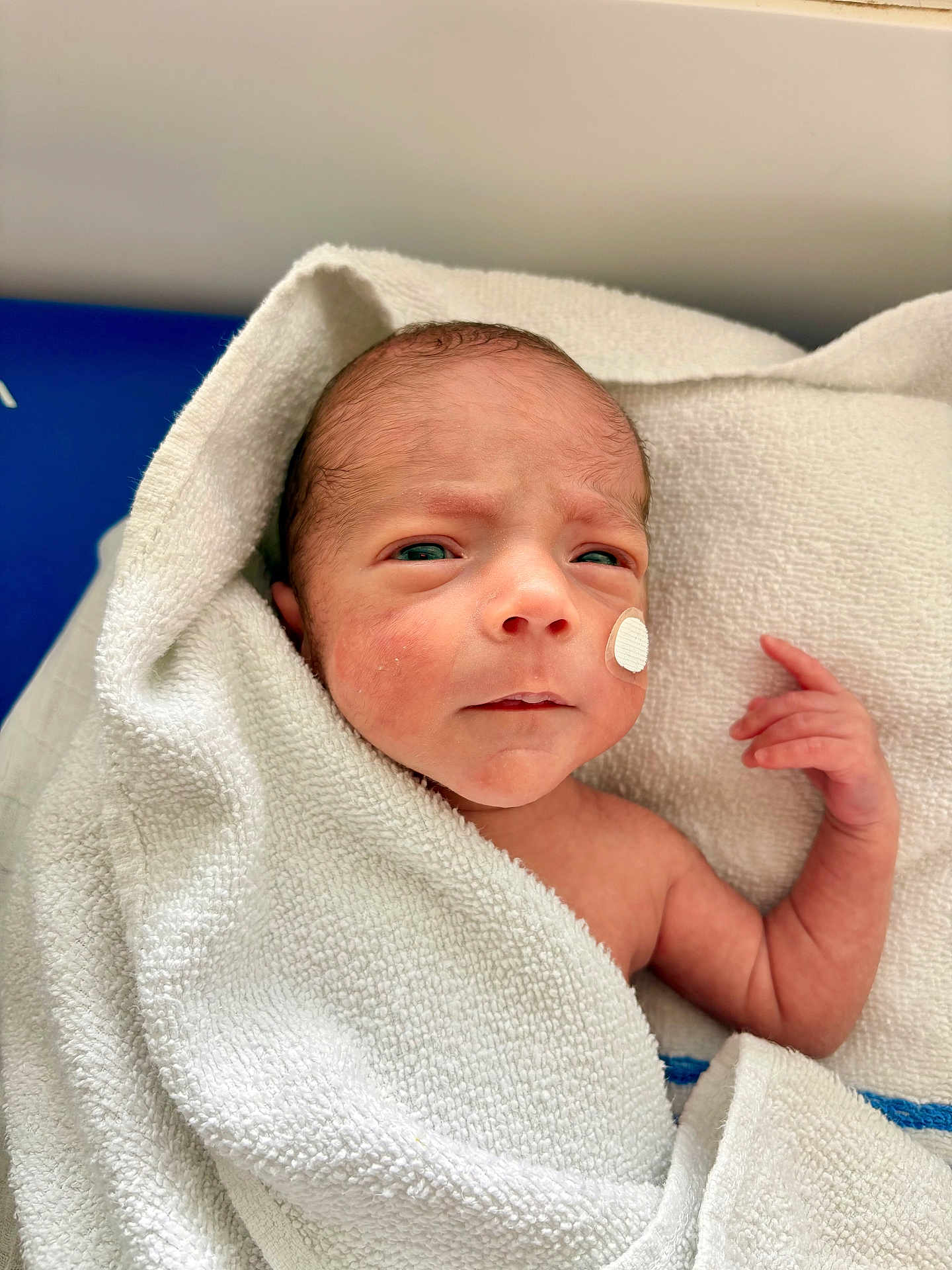 Leyvone a rejoint le concours — aidez-le/la à gagner de superbes lots ! newborn, baby, infant, swaddle, towel, blanket, face, eyes, arm, hand, hospital, medical_tape, cheek_patch, skin, bed, crib, newborn_unit, portrait, awake, curious_expression