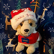 Lucky is registered to the contest to win money with this photo: plush_dog, stuffed_animal, holiday_hat, red_clothing, dog_tag, blue_tag, winter_blanket, reindeer_pattern, snowflakes, birds, festive, cute, toy, decorative, soft_toy, christmas_theme, fabric_texture, background_pattern, indoor, close_up