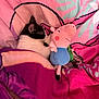 animal, bed, blanket, cat, colorful, comfort, cozy, cute, feline, indoor, nap, pink, plush_toy, purple, resting, sleeping, snuggling, soft, stuffed_animal, toy