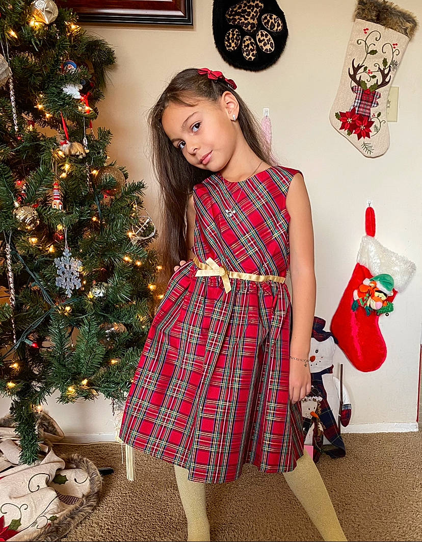 Mileena is registered to the contest to win money with this photo: black, christmas, christmas_decoration, christmas_ornament, christmas_tree, day_dress, dress, fashion, holiday_ornament, one_piece_garment, ornament, pattern, person, plaid, plant, red, sleeve, smile, tartan, waist