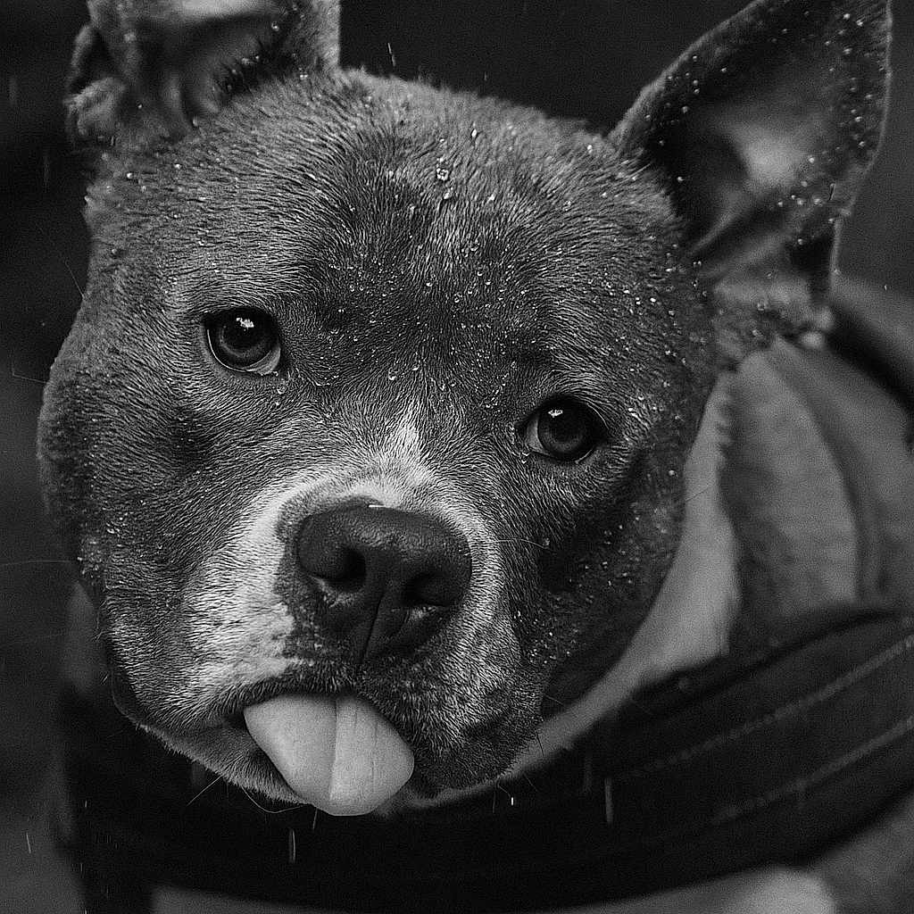 Oria a rejoint le concours — aidez-le/la à gagner de superbes lots ! animal, attention, black_and_white, canine, close_up, cute, dog, ears_up, expression, face, friendly, fur, head_tilt, mischievous, outdoor, pet, portrait, raindrops, tongue_out, wet